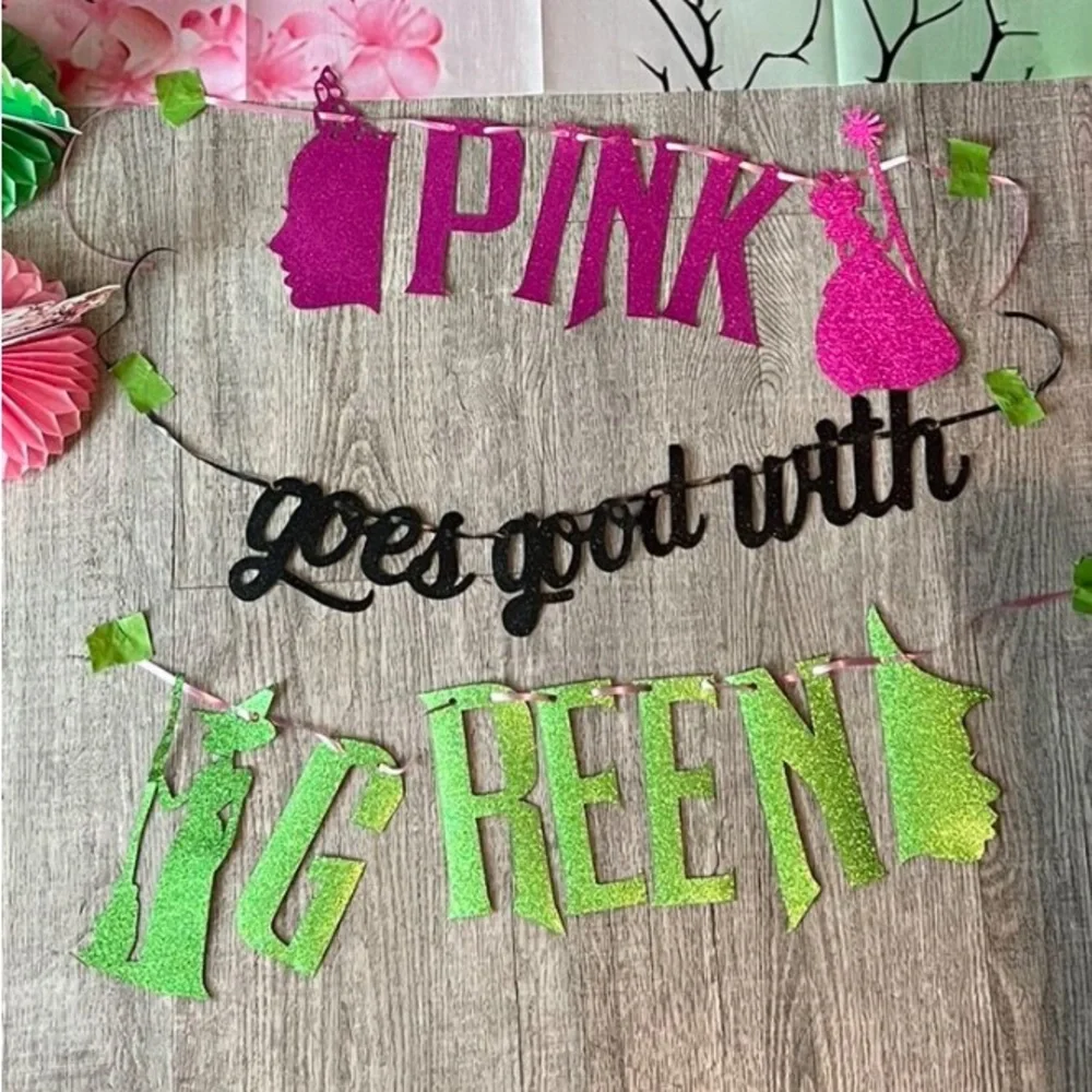 2x - WICKED MOVIE style Pink & Green Happy Birthday Banner + small banner